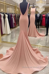 Coral Low Back Bateau Neck Modest Semi Formal Prom Dress with Sweep Train